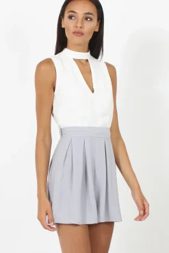 Rebellious Fashion White and Grey High Neck Playsuit - Linda