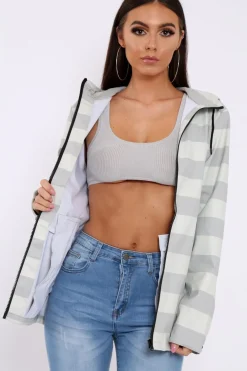 Rebellious Fashion White And Grey Stripe Hooded Rain Mac - Haru