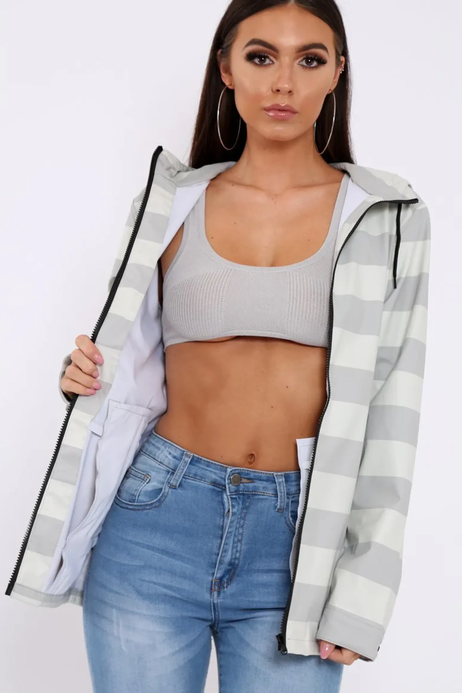 Rebellious Fashion White And Grey Stripe Hooded Rain Mac - Haru