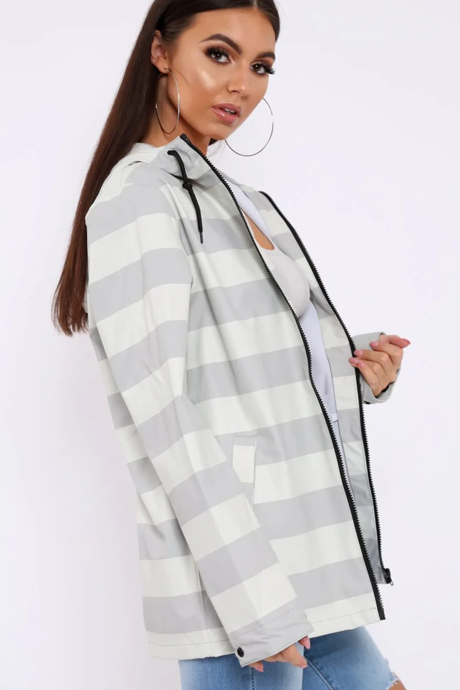Rebellious Fashion White And Grey Stripe Hooded Rain Mac - Haru