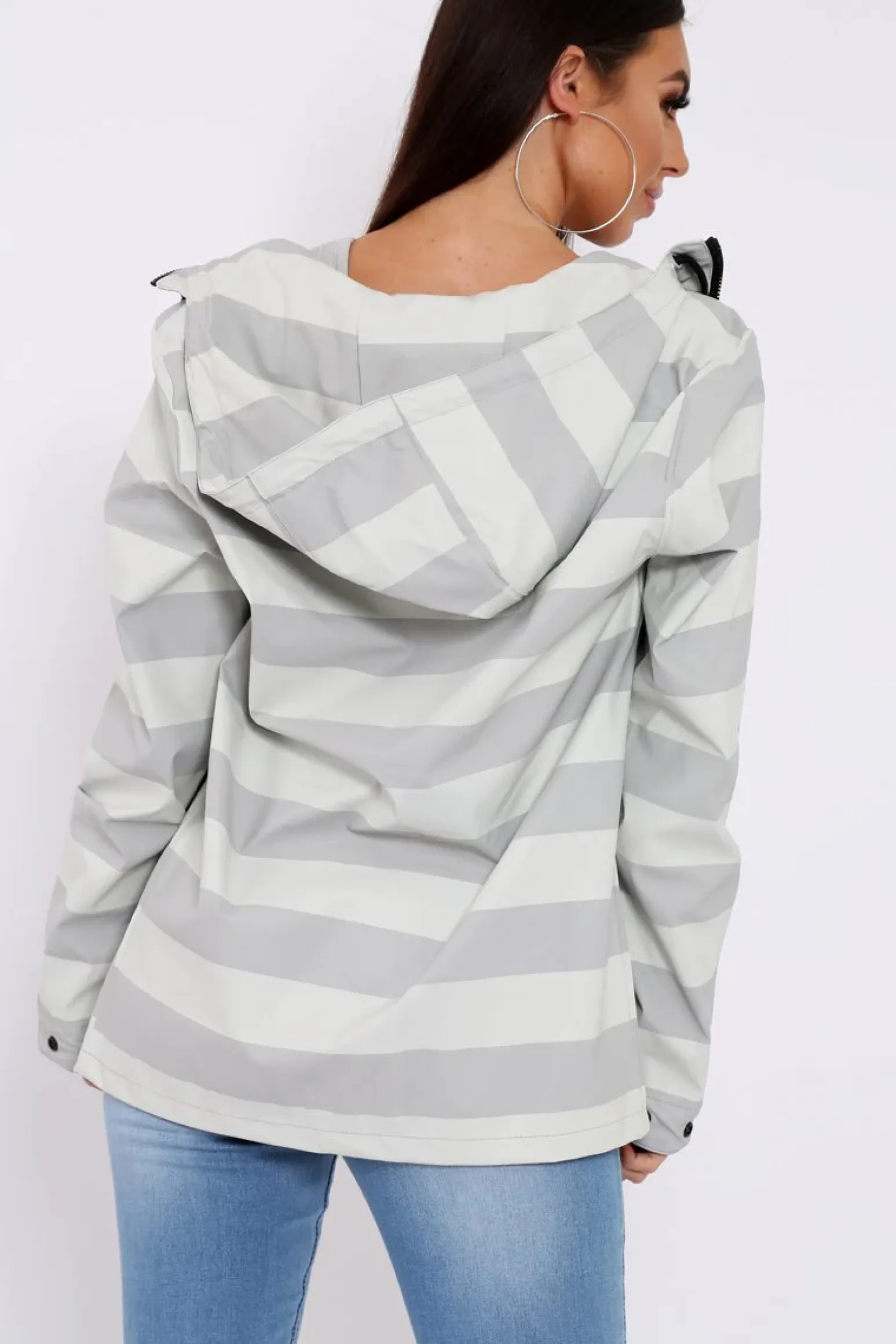 Rebellious Fashion White And Grey Stripe Hooded Rain Mac - Haru