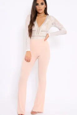 Rebellious Fashion White and Nude Lace Long Sleeve Open Back Bodysuit - Ellice
