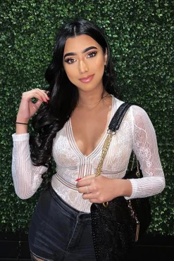 Rebellious Fashion White and Nude Lace Long Sleeve Open Back Bodysuit - Ellice