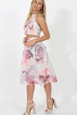 Rebellious Fashion White and Pink Semi Sheer Floral Co-ord - Rose