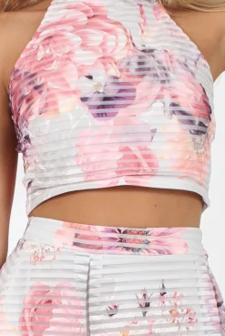 Rebellious Fashion White and Pink Semi Sheer Floral Co-ord - Rose