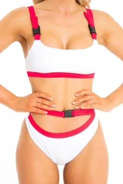 Rebellious Fashion White and Red Buckle Detail Cut Out Bikini - Duru