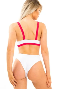 Rebellious Fashion White and Red Buckle Detail Cut Out Bikini - Duru