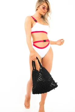 Rebellious Fashion White and Red Buckle Detail Cut Out Bikini - Duru