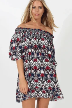 Rebellious Fashion White and Red Floral Bardot Ruffly Trim Detail Dress- Stefi