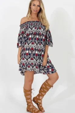 Rebellious Fashion White and Red Floral Bardot Ruffly Trim Detail Dress- Stefi
