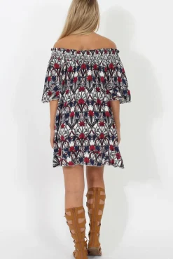 Rebellious Fashion White and Red Floral Bardot Ruffly Trim Detail Dress- Stefi