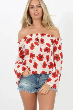 Rebellious Fashion White and Red Floral Bardot Three Quarter Bell Sleeve Crop- Chantelle