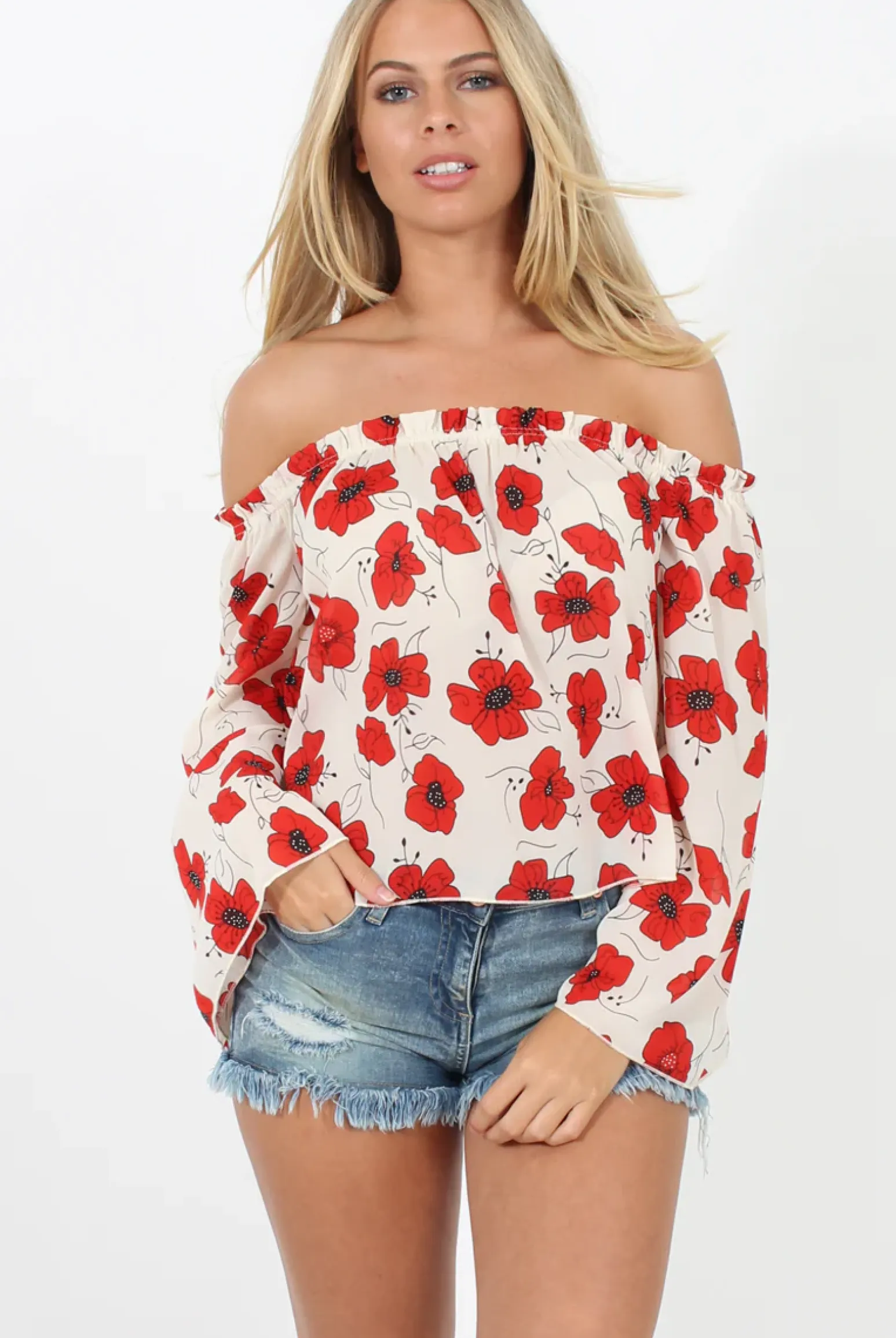 Rebellious Fashion White and Red Floral Bardot Three Quarter Bell Sleeve Crop- Chantelle