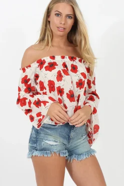 Rebellious Fashion White and Red Floral Bardot Three Quarter Bell Sleeve Crop- Chantelle