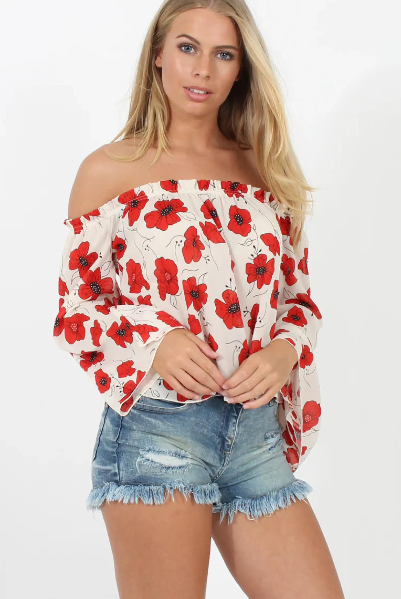 Rebellious Fashion White and Red Floral Bardot Three Quarter Bell Sleeve Crop- Chantelle