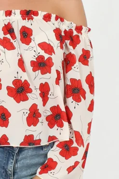 Rebellious Fashion White and Red Floral Bardot Three Quarter Bell Sleeve Crop- Chantelle