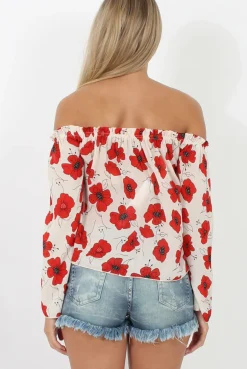 Rebellious Fashion White and Red Floral Bardot Three Quarter Bell Sleeve Crop- Chantelle