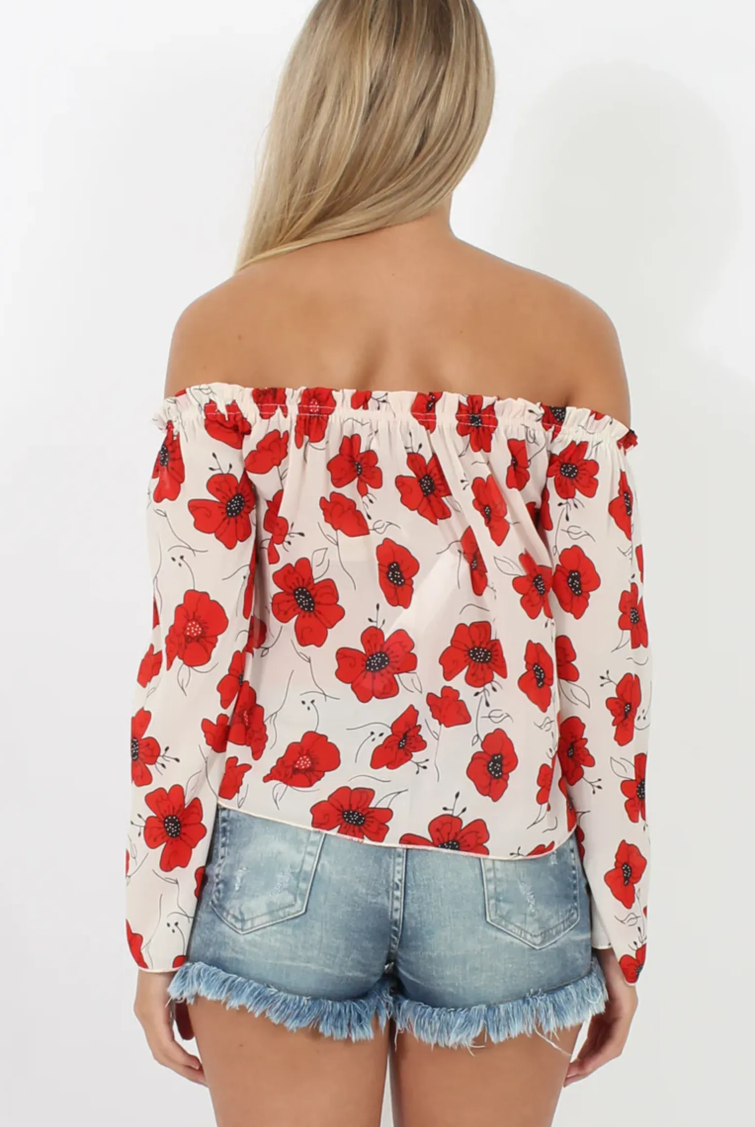 Rebellious Fashion White and Red Floral Bardot Three Quarter Bell Sleeve Crop- Chantelle