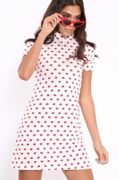 Rebellious Fashion White and Red Heart Print Bodycon Dress - Jiselle
