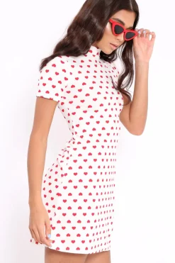 Rebellious Fashion White and Red Heart Print Bodycon Dress - Jiselle