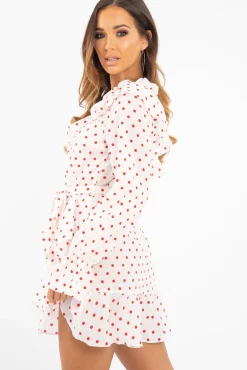 Rebellious Fashion White and Red Polka Dot One Shoulder Frill Dress - Zyann