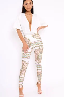 Rebellious Fashion White and Rose Scarf Print Leggings - Lilyan