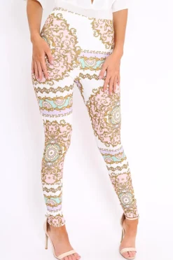 Rebellious Fashion White and Rose Scarf Print Leggings - Lilyan