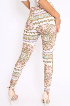 Rebellious Fashion White and Rose Scarf Print Leggings - Lilyan
