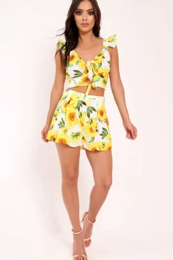 Rebellious Fashion White And Yellow Floral Tie Front Crop Top and Short Co-ord - Edris