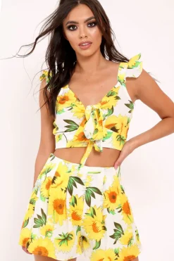 Rebellious Fashion White And Yellow Floral Tie Front Crop Top and Short Co-ord - Edris