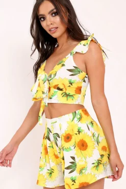 Rebellious Fashion White And Yellow Floral Tie Front Crop Top and Short Co-ord - Edris