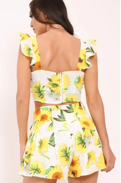 Rebellious Fashion White And Yellow Floral Tie Front Crop Top and Short Co-ord - Edris