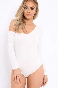 Rebellious Fashion White Asymmetric Bodysuit - Carlina