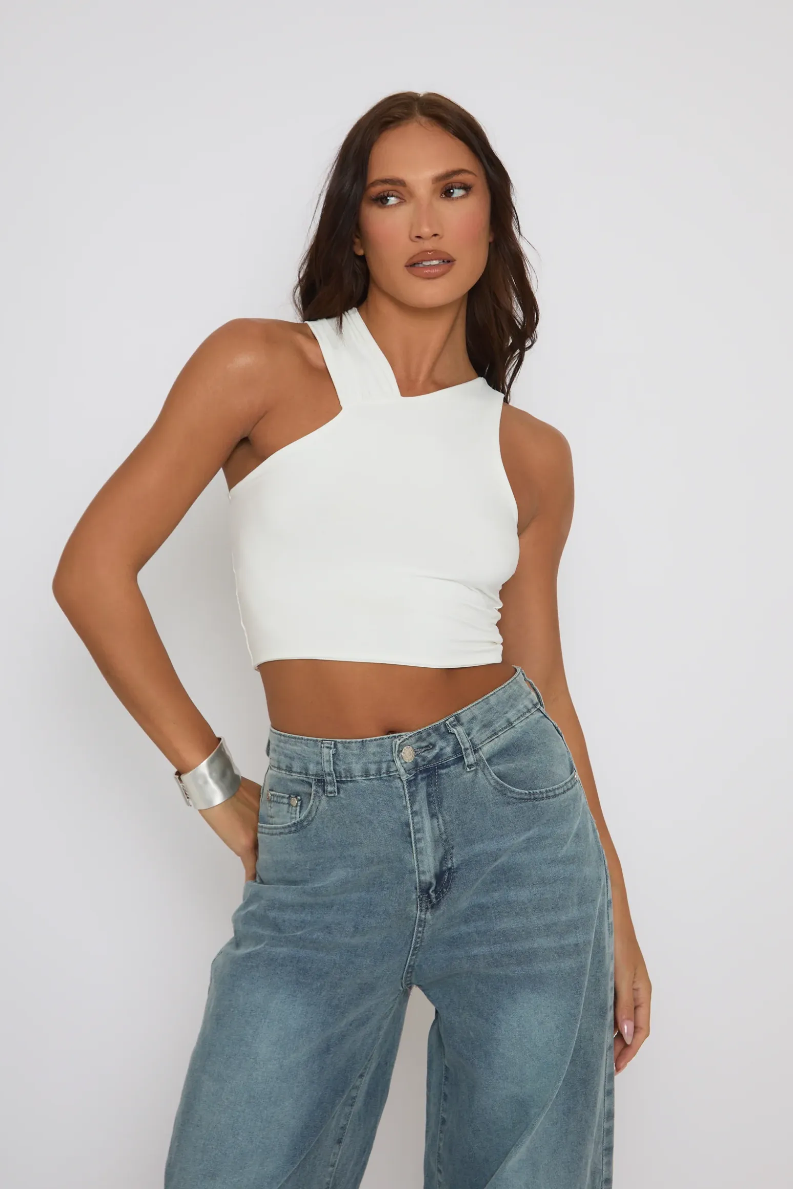 Rebellious Fashion White Asymmetric Crop Top - Sidney