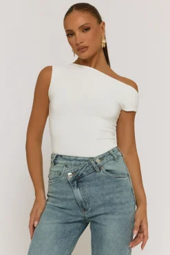 Rebellious Fashion White Asymmetric Off Shoulder Bodysuit - Misba