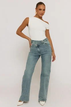 Rebellious Fashion White Asymmetric Off Shoulder Bodysuit - Misba