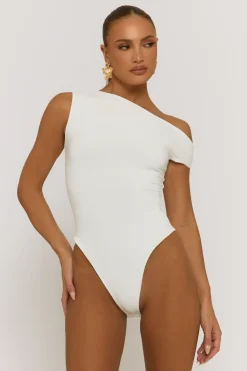 Rebellious Fashion White Asymmetric Off Shoulder Bodysuit - Misba