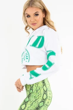 Rebellious Fashion White Athletic Slogan Crop Raw Hem Hoodie - Jersie