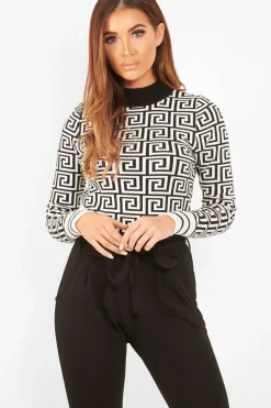 Rebellious Fashion White Aztec Print High Neck Cropped Jumper - Lola