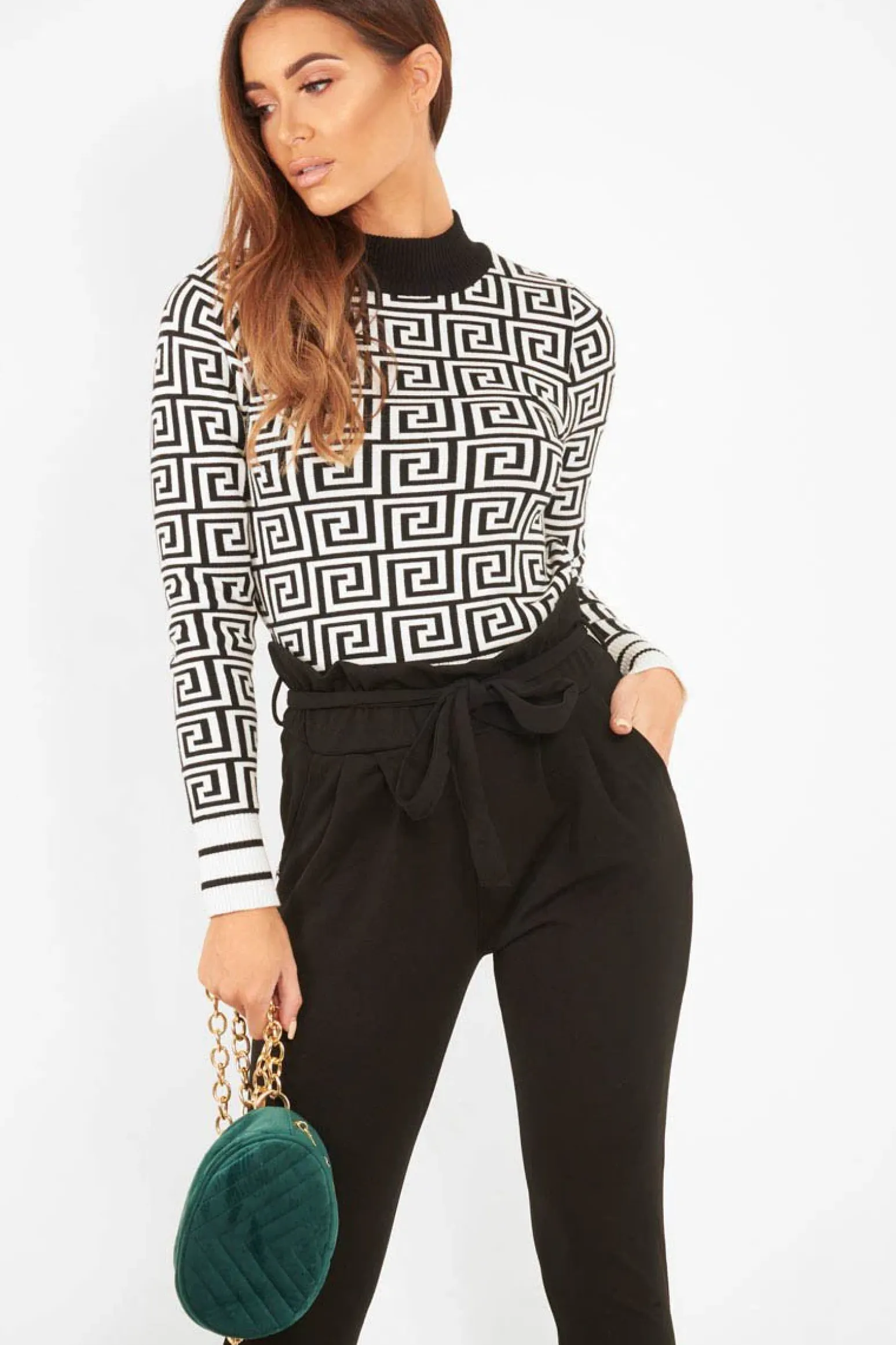 Rebellious Fashion White Aztec Print High Neck Cropped Jumper - Lola