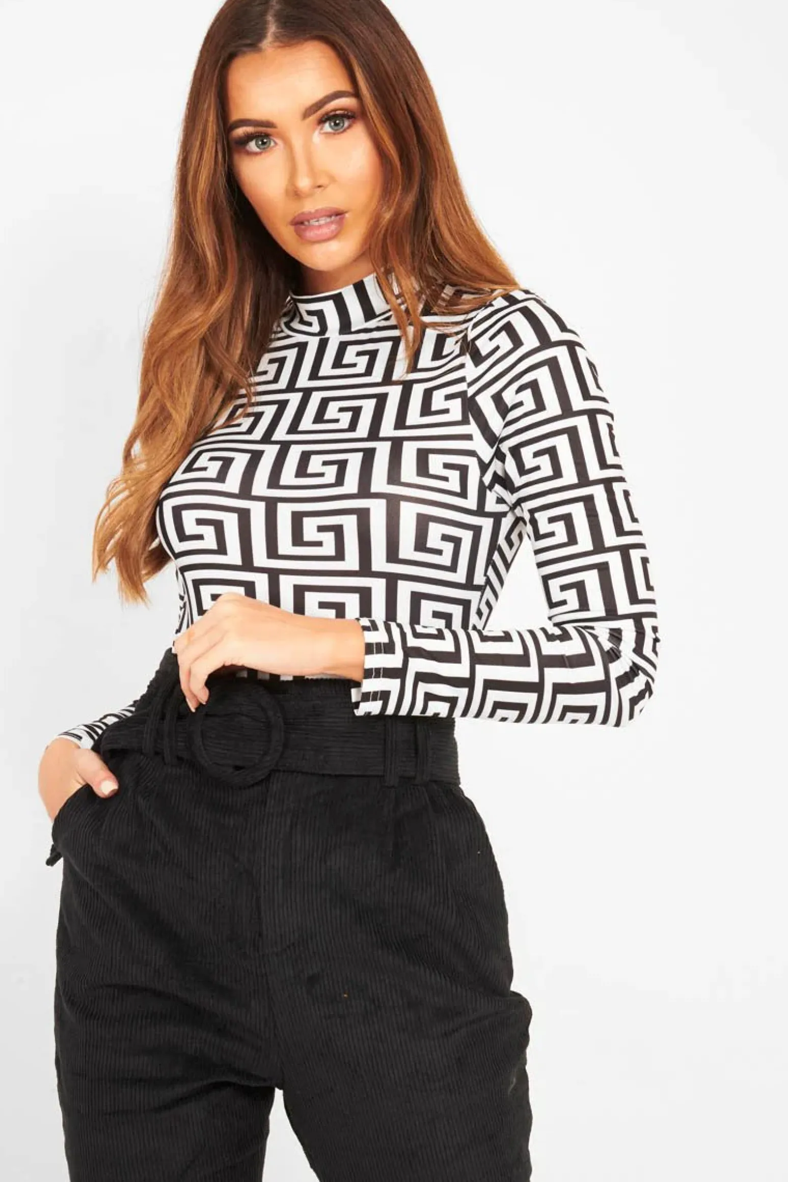 Rebellious Fashion White Aztec Print High Neck Long Sleeve Bodysuit - Bellemy