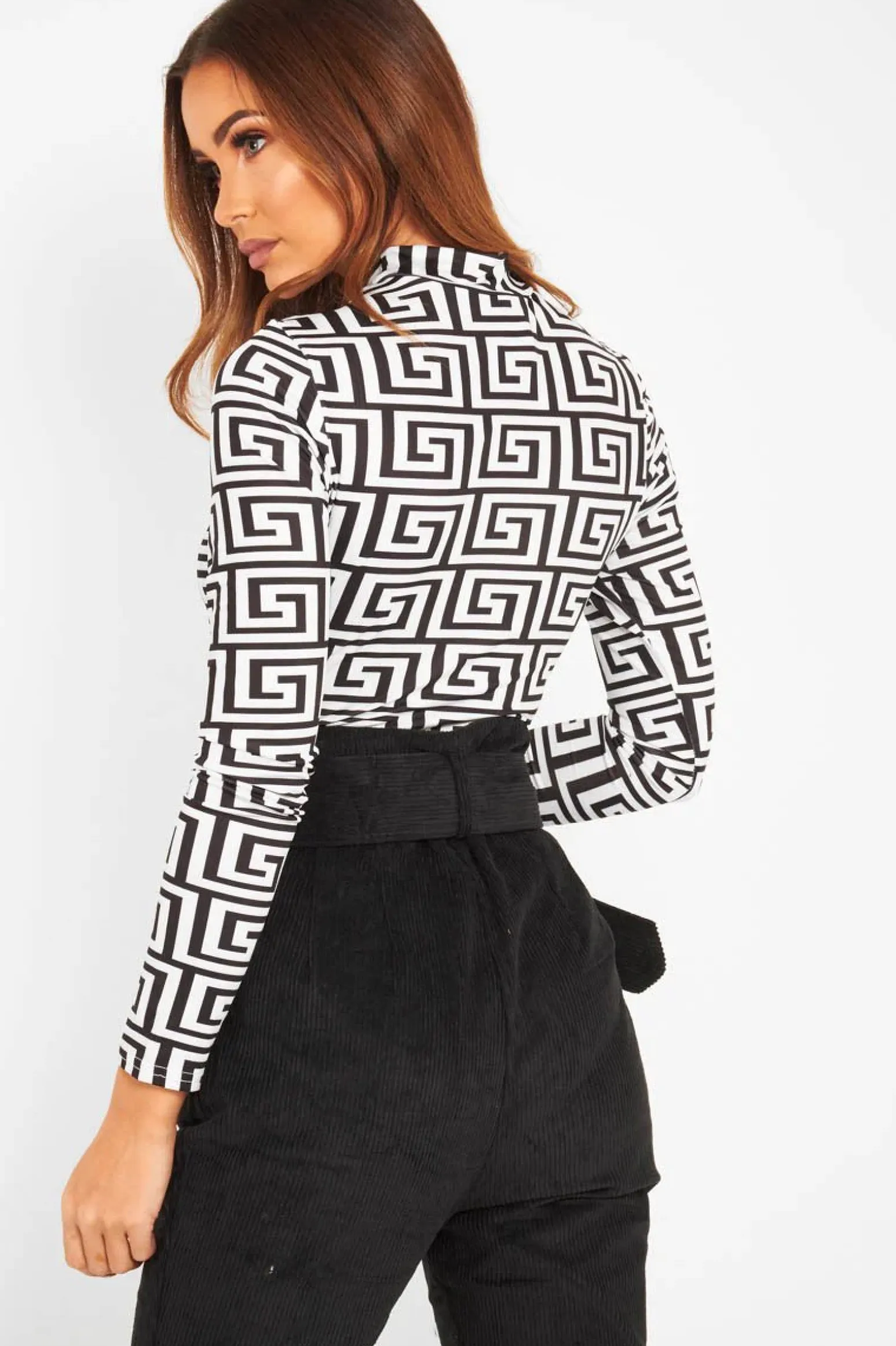 Rebellious Fashion White Aztec Print High Neck Long Sleeve Bodysuit - Bellemy