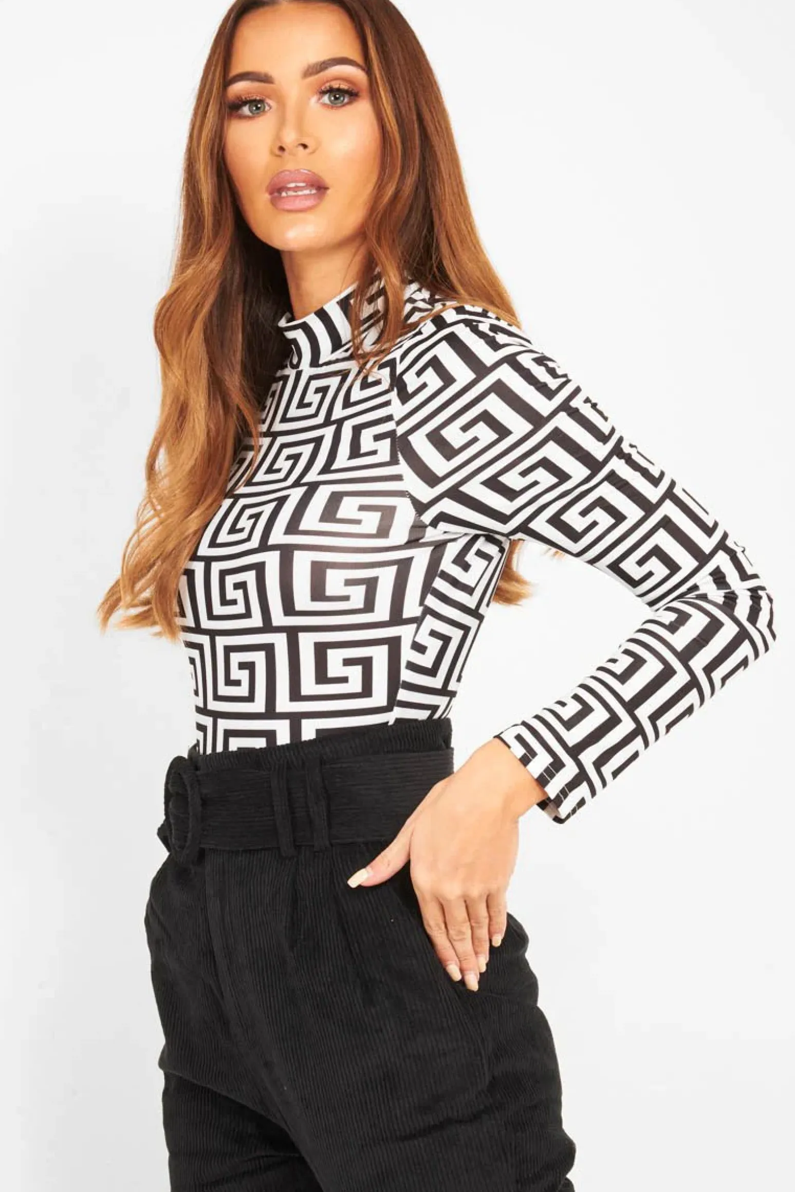 Rebellious Fashion White Aztec Print High Neck Long Sleeve Bodysuit - Bellemy