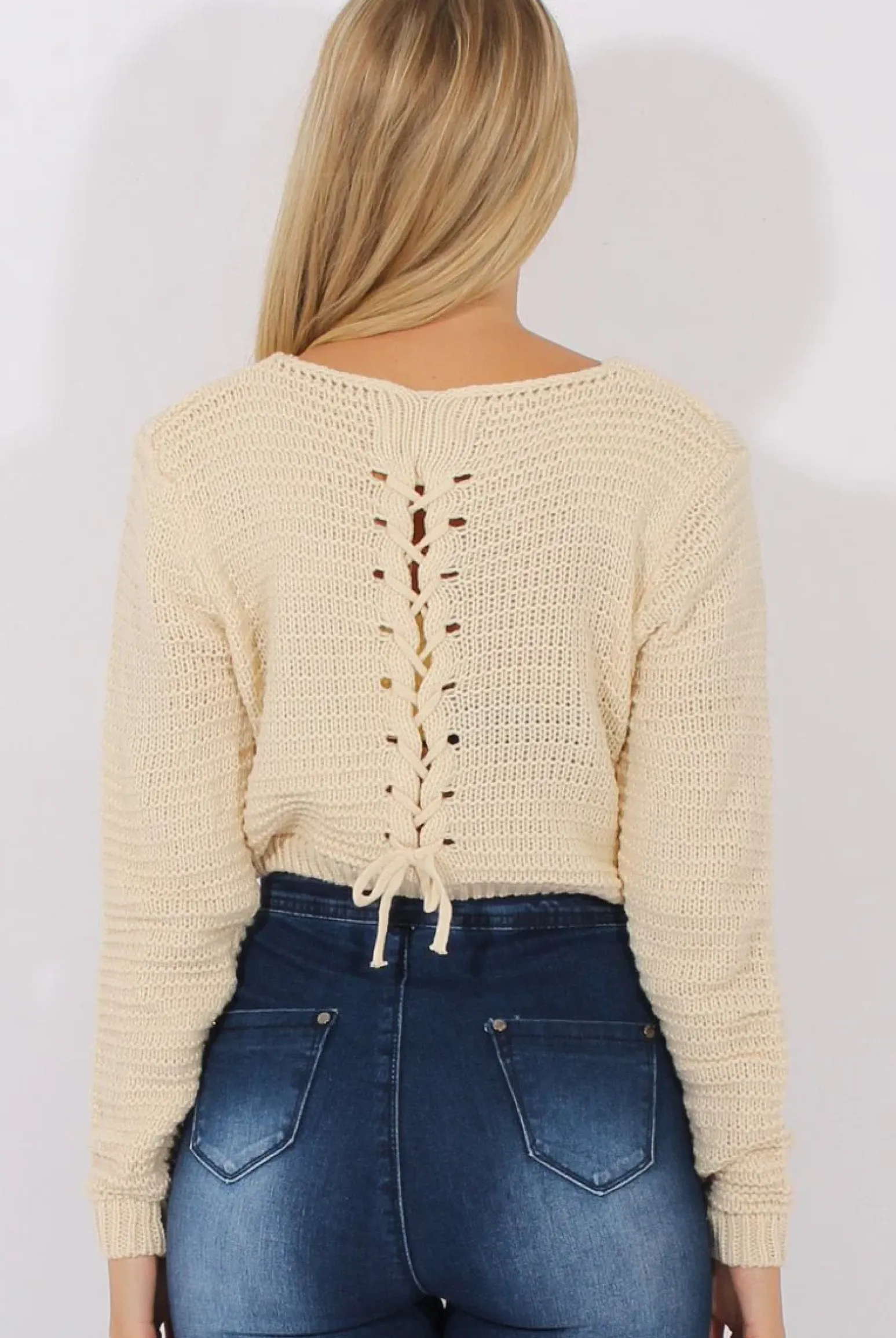 Rebellious Fashion White Back Lace Up Cropped Knitted Sweater - Jenara