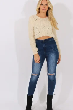 Rebellious Fashion White Back Lace Up Cropped Knitted Sweater - Jenara