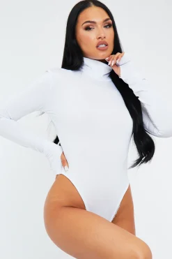 Rebellious Fashion White Backless High Neck Thumb Hole Bodysuit - Mako