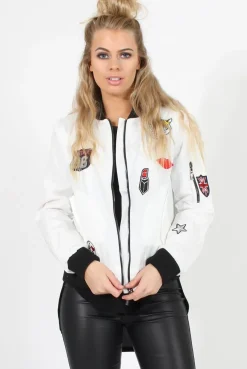 Rebellious Fashion White Badge Detail Bomber Jacket - Suzy
