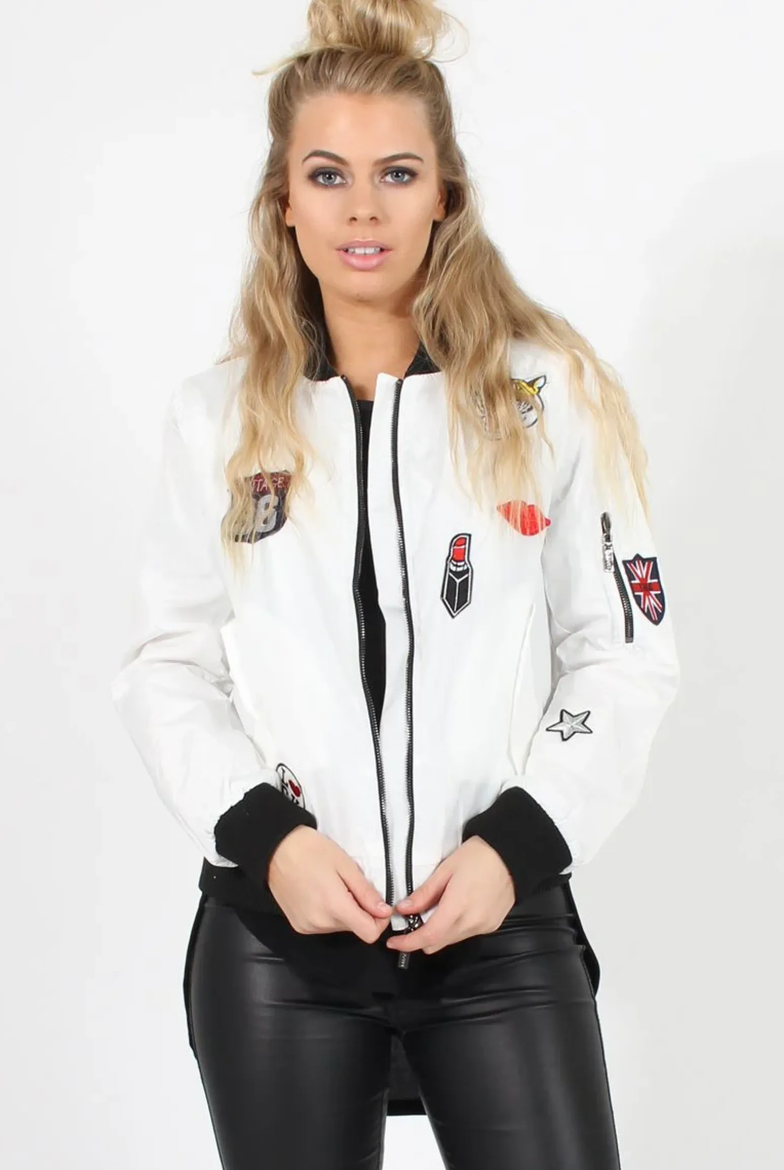 Rebellious Fashion White Badge Detail Bomber Jacket - Suzy
