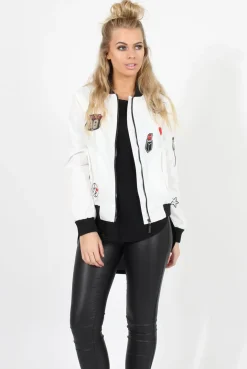 Rebellious Fashion White Badge Detail Bomber Jacket - Suzy