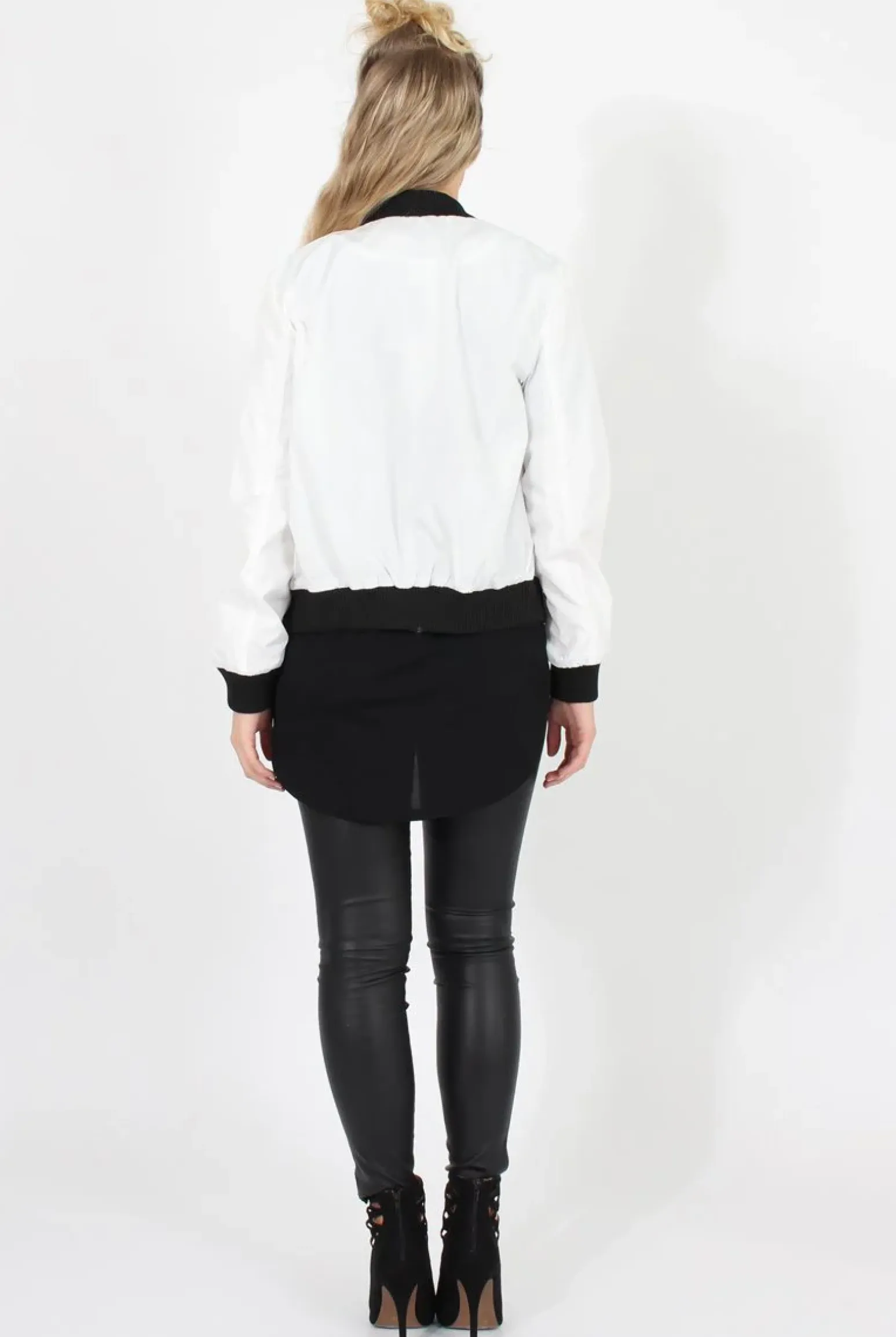 Rebellious Fashion White Badge Detail Bomber Jacket - Suzy